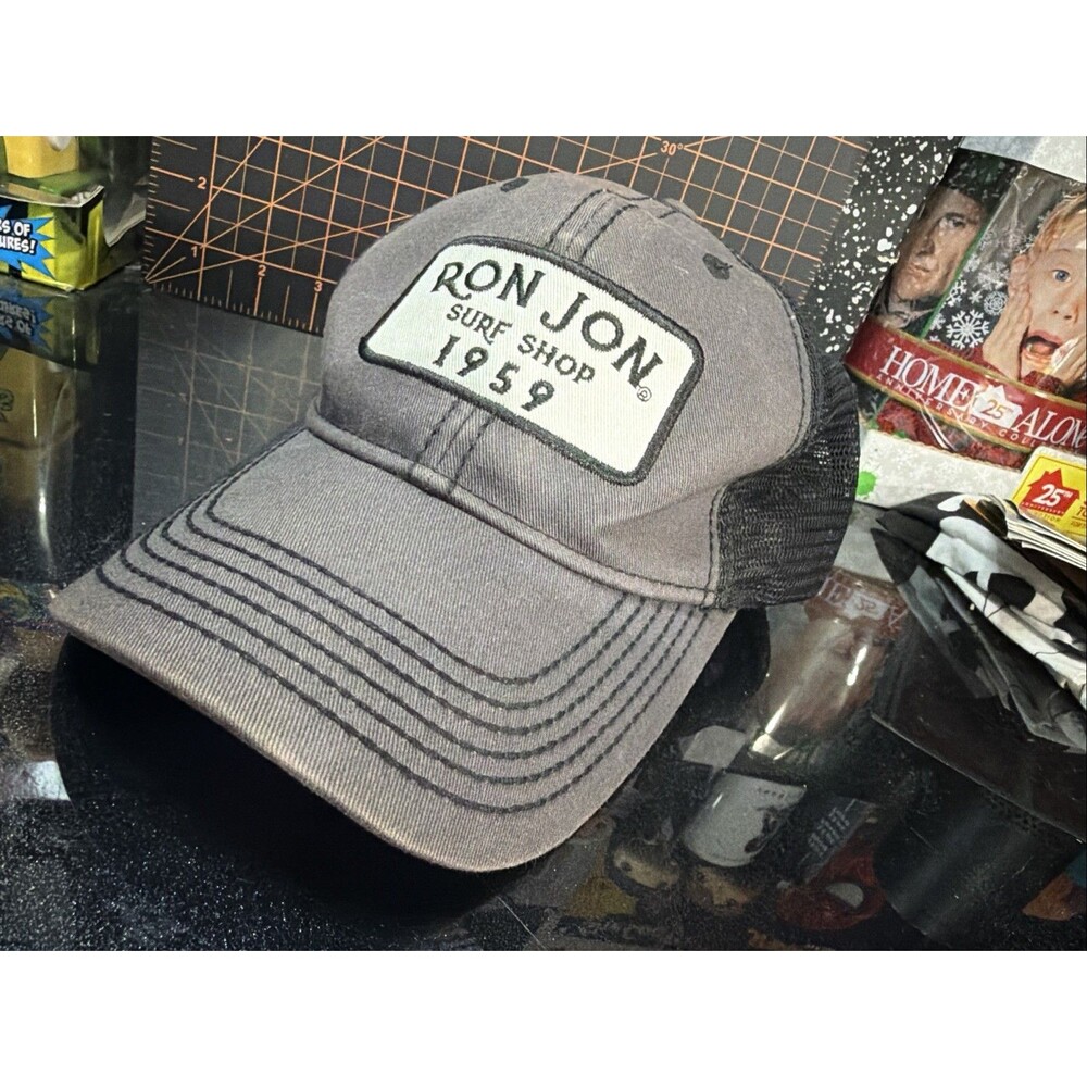 Ron Jon Surf Shop 1959 Trucker Hat Gray Black Mesh Snapback Patch Cap Distressed